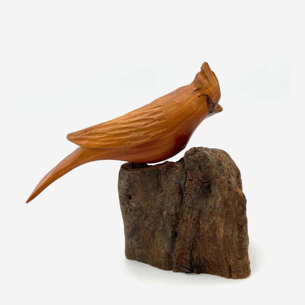 Wooden Cardinal Carving on Driftwood John Cowden Woodcarvers Sevierville TN READ